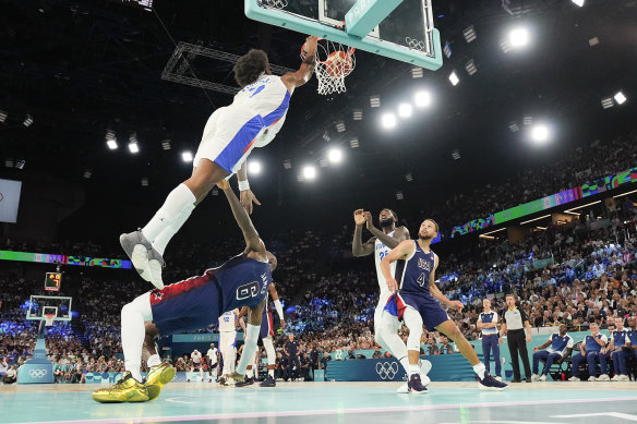 LeBron James gets posterised by France’s Guerschon Yabusele.