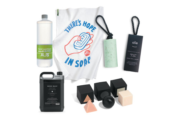 Clockwise from top left:  Underground Spirits hand sanitiser; Well Spotted tea towel; Olieve & Olie soap-on-a-rope; Fazeek soap bundle; Bondi Wash hand wash. 
