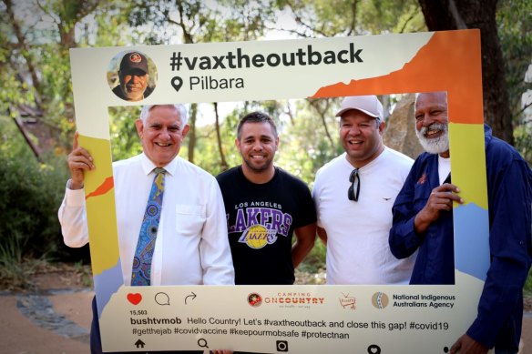 Ernie Dingo with Indigenous Affairs Minister Ken Wyatt on the road for the Vax the Outback campaign.