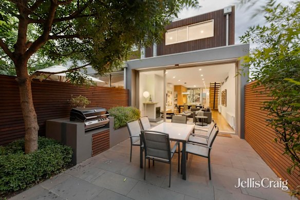 The rear courtyard of the rare Fitzroy North contemporary townhouse at 60B May Street.