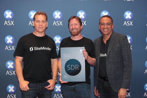 Siteminder CEO Sankar Narayan (right) was joined by company co-founders Mike Ford (left) and Mike Rogers.