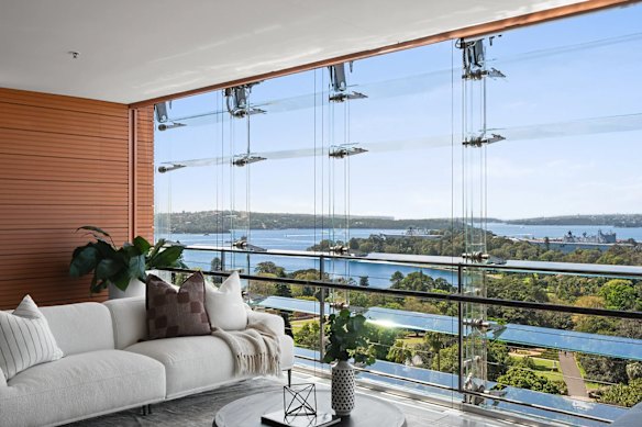 The property, guided at $7 million to $7.5 million, offers Sydney Harbour and Botanic Garden views.