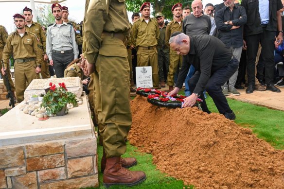 Israeli Prime Minister Benjamin Netanyahu at the funeral of Master Sergeant Gal Eisenkot on the weekend.