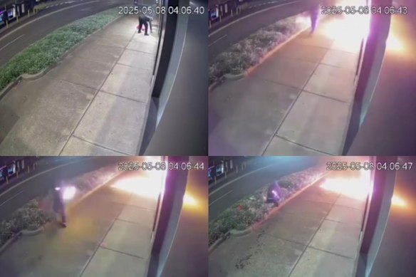 A composite from CCTV footage of a person lighting themselves on fire during an alleged arson attack in May 2025 on a Merrylands barber shop registered in the name of former NRL player Matt Utai’s son.