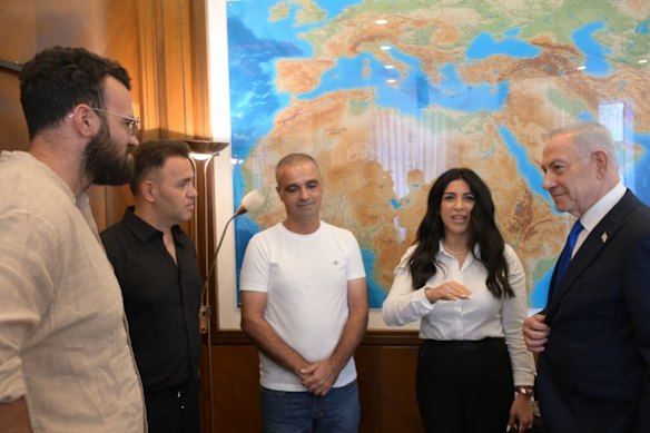 Netanyahu, in an image posted on his X account, with some of the heroes of flydubai flight FZ1073: (from left) Or Pardilov, Dr Shota Musayev, Yaniv Hayoun, and Sigalit Musayev.