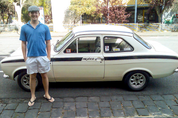 Tom Cowie with his first car, a 1972 Ford Escort. It needed to be fed and a job beckoned. 