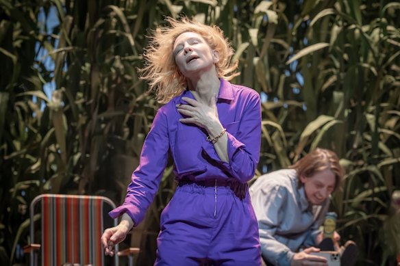 Cate Blanchett in full fight on stage in London as fading actor Arkadina in The Seagull.