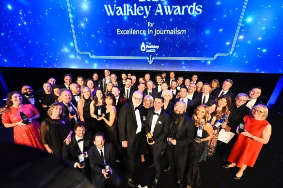 Nine, the owner of The Age and  The Sydney Morning Herald, picked up 14 Walkley Awards in 2023. Pictured are all Walkley winners.