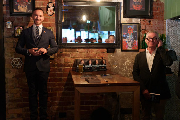 Will Clancy (left) and Christopher Pyne of lobbying firm Pyne and Partners, with copies of Pyne’s memoir, The Insider.