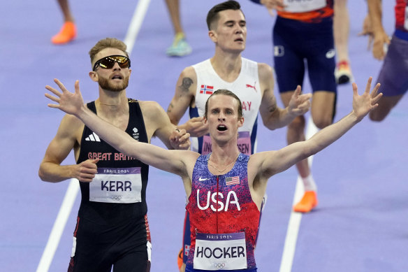 American Cole Hocker crosses the finish line ahead of Great Britain’s Josh Kerr and fourth-placed Jakob Ingebrigtsen.