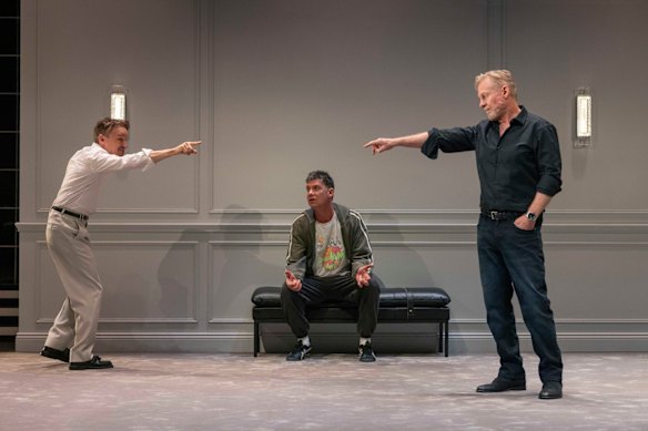 J’accuse: Damon Herriman (left), Toby Schmitz and Richard Roxburgh are friends who turn on each other over taste in Art.