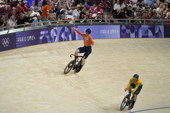 Harrie Lavreysen celebrates just after crossing for men’s sprint gold against Australian Matthew Richardson.