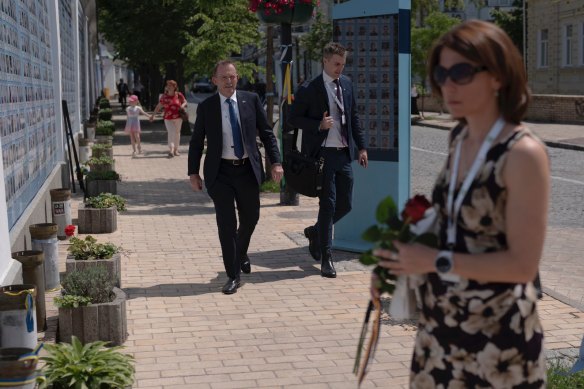 Former prime minister Tony Abbott in Kyiv, Ukraine, to address the Kyiv Security Forum on Thursday.