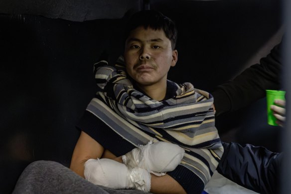 A photo released by Ukrainian officials purporting to show a North Korean soldier captured by Ukraine.