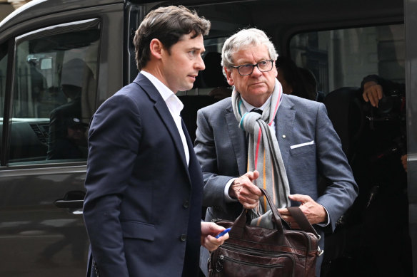 Journalists Nick McKenzie (left) and Chris Masters arrive at the defamation hearing brought by Ben Roberts-Smith in Sydney.