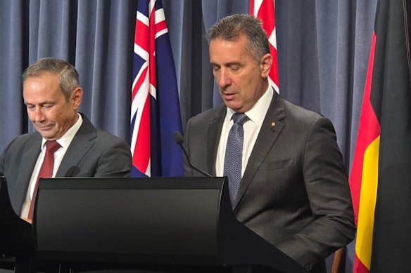 WA Premier Roger Cook and Corrective Services Minister Paul Papalia at the announcement of Papalia’s resignation on Monday afternoon.
