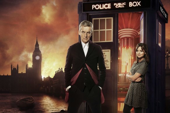 Peter Capaldi and Jenna Coleman in front of Dr Who’s TARDIS.