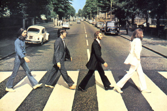 A detail of the iconic Abbey Road cover art, featuring a photo of the band taken by Iain Macmillan on August 8, 1969. The idea for the cover was Paul McCartney's.
