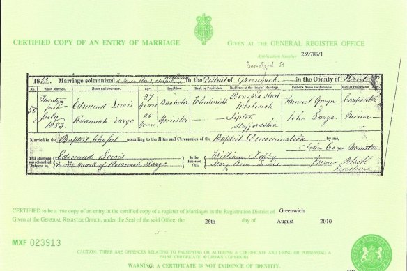 The 1853 marriage certificate of Edmund Lewis and Rosannah Large from the English county of Kent.