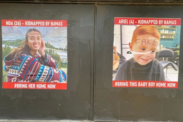 Posters of Israeli civilians abducted by Hamas were defaced in Inkerman Street, St Kilda East.