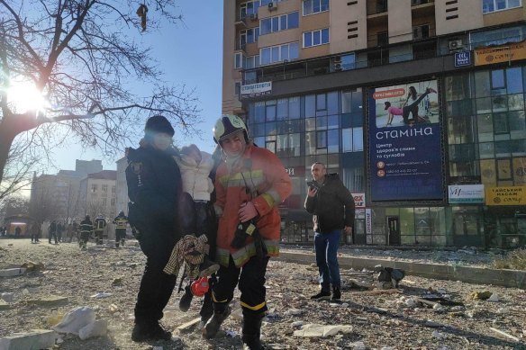 Ukraine ministry of internal affairs published photos on Facebook of a shelled apartment building in Kyiv.