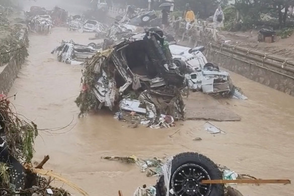 View of damage caused by Typhoon Doksuri in the Mentougou district, Beijing.