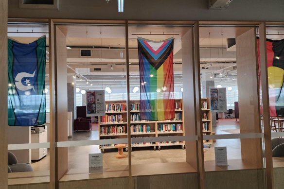 A rainbow flag displayed at the library of the Australian Catholic University’s Blacktown campus before it was taken down.