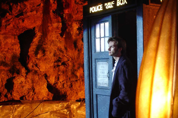 David Tennant, who is returning as Doctor Who, exits the TARDIS.