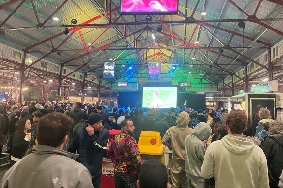 Crowds watch the Matildas at Queen Victoria Market.