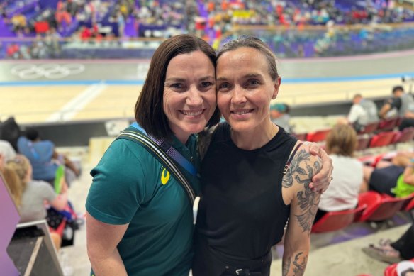 Anna Meares and Victoria Pendleton at the velodrome in Paris on Wednesday night.