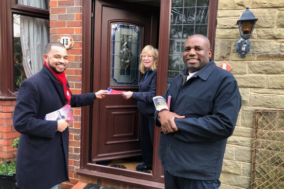 Adam Jogee, the Labour candidate for Newcastle-under-Lyme, left, on the campaign trail with the shadow foreign secretary, David Lammy.