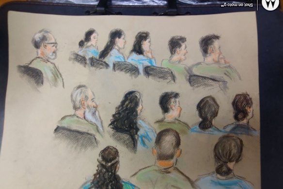 A sketch of the 14 defendants in the trial over the death of Elizabeth Struhs.