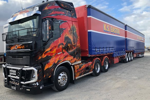 Pegasus Volvo, part of the K.S. Easter trucking fleet. Owner Kenny Easter recommends viewing it in the dark under LED lighting.