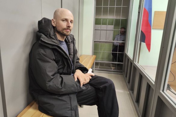 Russian journalist Sergey Karelin appears in court in the Murmansk region of Russia.