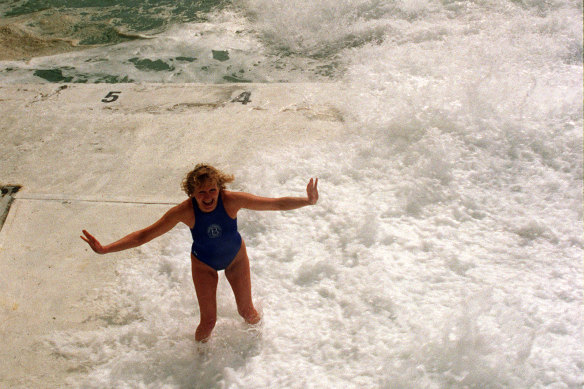 Maggi, who raced on the first day that women competed in Bondi Icebergs swimming races in 1995. Seen here at the pool in 1996.              