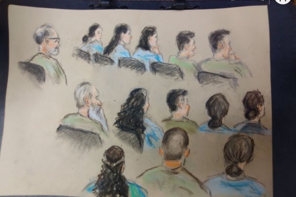 A sketch of the 14 defendants in the trial over the death of Elizabeth Struhs, all members of a fringe religious group, as they sat in Brisbane Supreme Court.