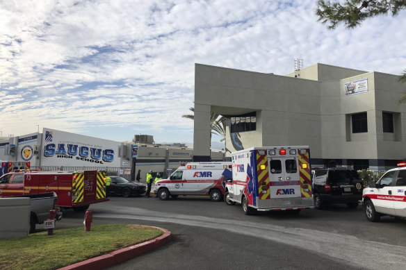 Ambulances parked outside Saugus High School after reports of the shooting. 