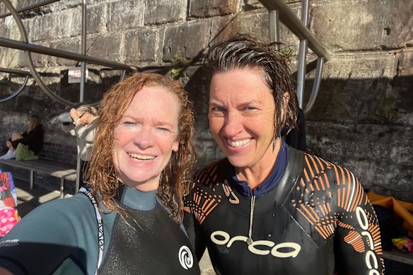 Helen Pitt with fellow ocean swimmer Ali Gripper after they swam to the south head of Coogee. They noted whales in the water, though no sharks. 