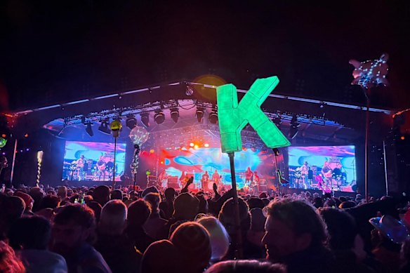 The letter K sits atop a doof stick at Meredith Music Festival in 2025, in honour of Kieran Gregory, who died in April of cancer. 