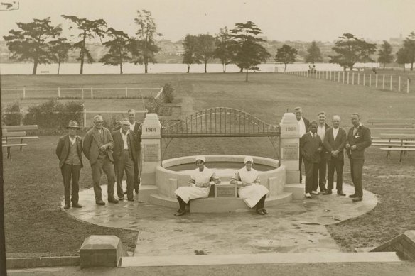 The opening of the war memorial at Callan Park, designed by Douglas Grant, which he built with other patients from the hospital.