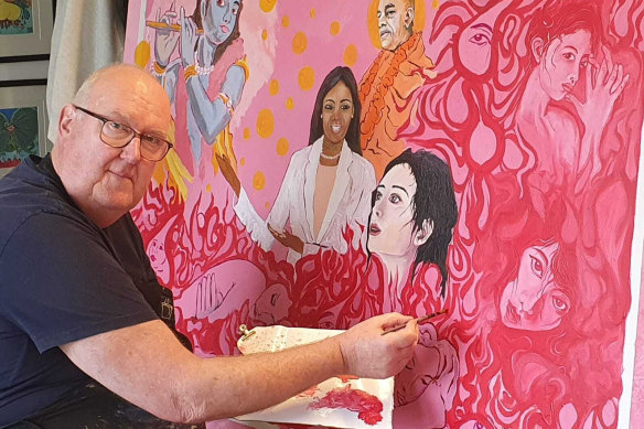 Reverend Bhakta Dasa at work on one of 20 large paintings inspired by the book’Bhagavad Gita - As It Is’. 