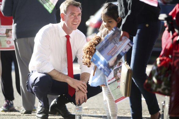 Labor candidate Sam Crosby campaigning in the seat of Reid last May.