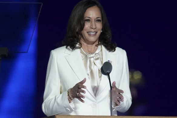US Vice President-elect Kamala Harris speaks while delivering an address to the nation in Wilmington, Delaware.