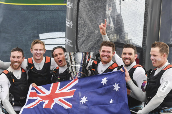 Tom Slingsby (third from right) and Team Australia celebrate winning the SailGP Season 01 Championship in Marseille in August 2019.