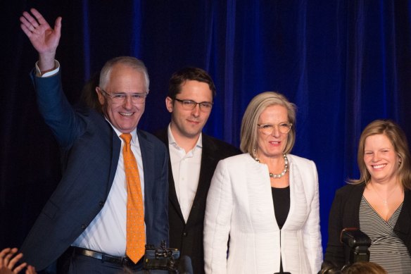 Former prime minister Malcolm Malcolm Turnbull on election night 2016 with his family Lucy, Alex and Daisy. 