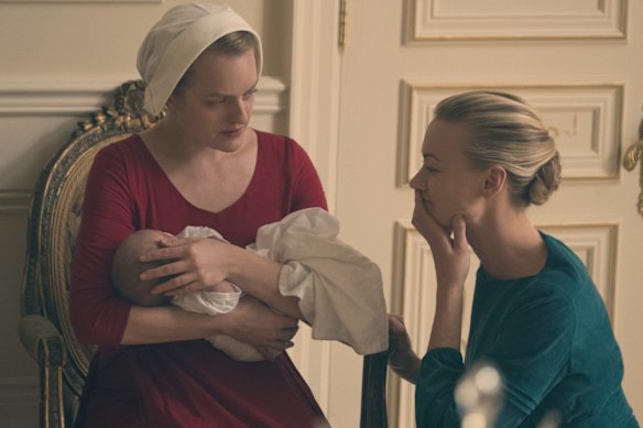 Offred the handmaid (Elizabeth Moss) and Serena Joy (Yvonne Strahovski) in season 1 of <i>The Handmaid’s Tale.</i>  