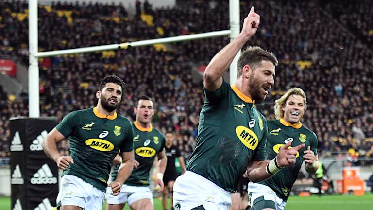 Rarity: South Africa's Willie le Roux celebrates during their upset victory in New Zealand.