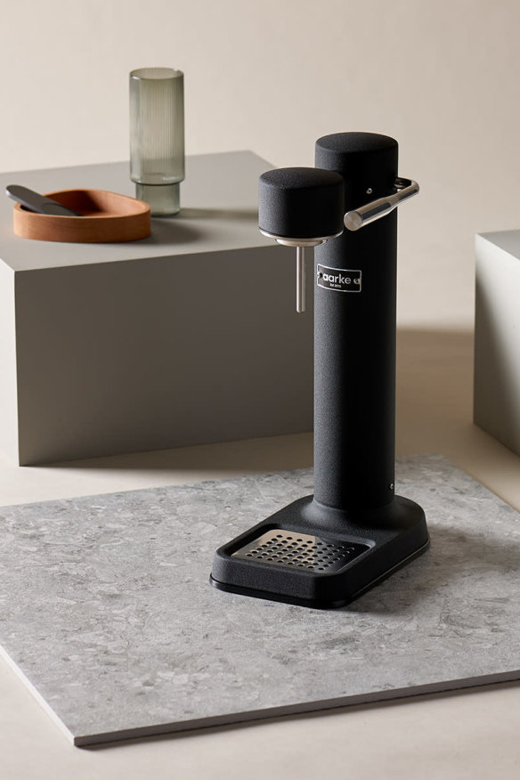 The Aarke carbonator, designed in Sweden, sits pretty on any benchtop.