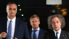 Ardent Leisure CEO John Osborne (left) and Chairman Gary Weiss (right) leave Brisbane Magistrates Court on Monday after hearing the coroner's scathing report.