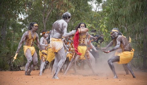Ceremonial dance during the Garma Festival in northeast Arnhem Land, Northern Territory in July, where Prime Minister Anthony Albanese unveiled draft wording to enshrine the Voice in the Constitution.